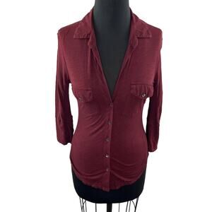 JAMES PERSE Burgundy 1 Panel Top Cotton Button-Up Collar 3/4 Sleeve Flap Pockets